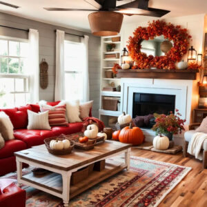 Fall Boho Big Red Color Modern Farmhouse Living Room