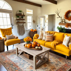 Fall Boho Big Yellow Color Modern Farmhouse Living Room